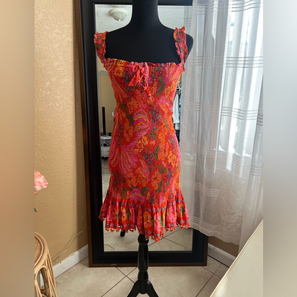 FARM RIO SPRING BANANAS SMOCKED MINI DRESS IN RED SIZE M - Picture 2 of 13
